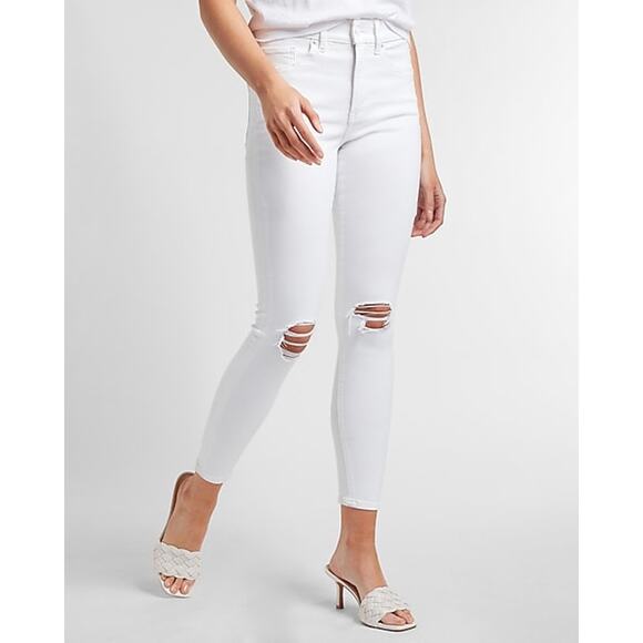 NEW Express Mid Rise White Ripped Super Soft Skinny Jeans - 10 - Picture 1 of 14